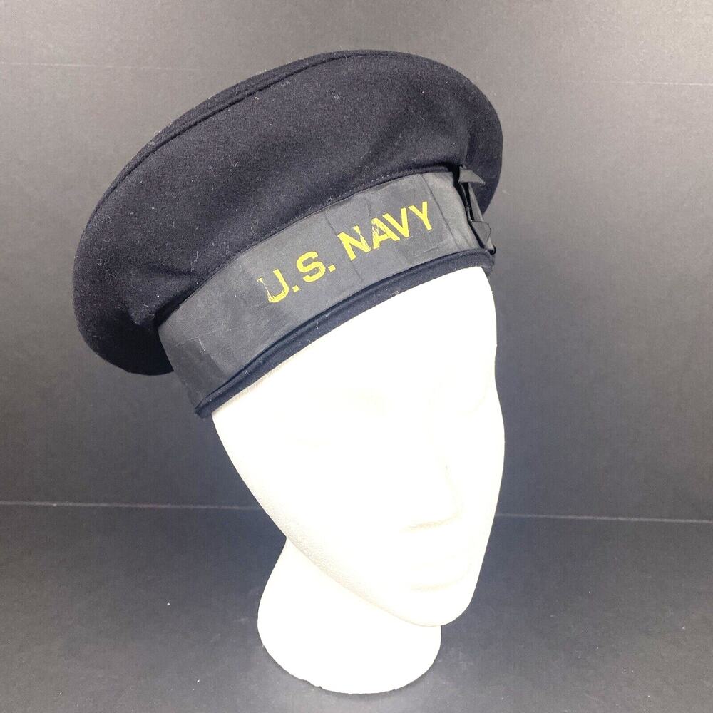 WWII -Vietnam Era US Navy Blue Wool Flat Hat With Band size 7 Navy Memorabilia